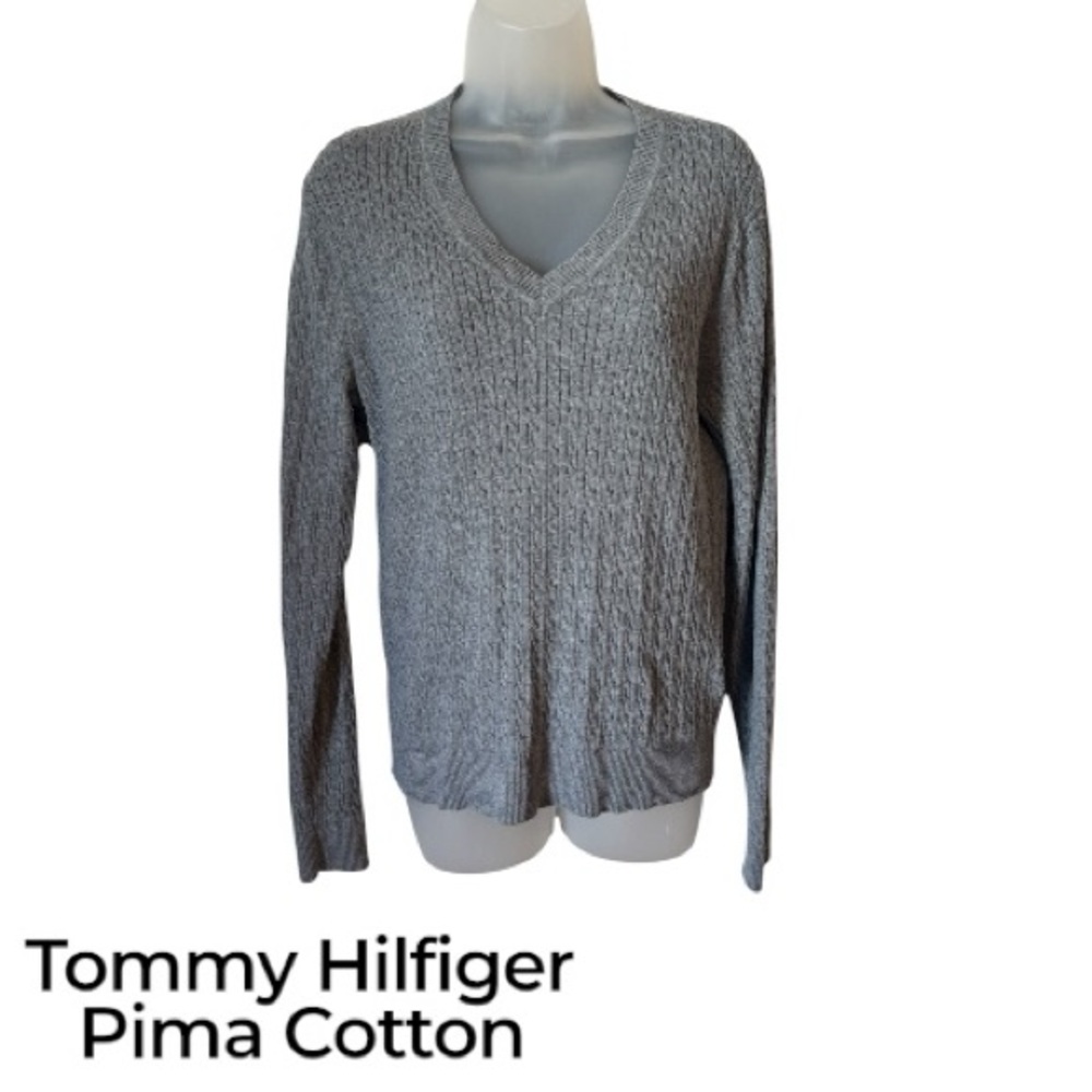TOMMY HILFIGER Gray Cable Knit PIMA COTTON Sweater LARGE #9 - Picture 1 of 8